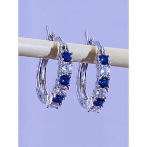 Sapphire Blue Cubic Zirconia Silver Hoop Earrings Classic Elegant Gemstone New